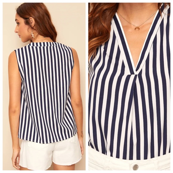 SUSAN☀️V-Neck Striped Sleeveless Blouse - Picture 2 of 3
